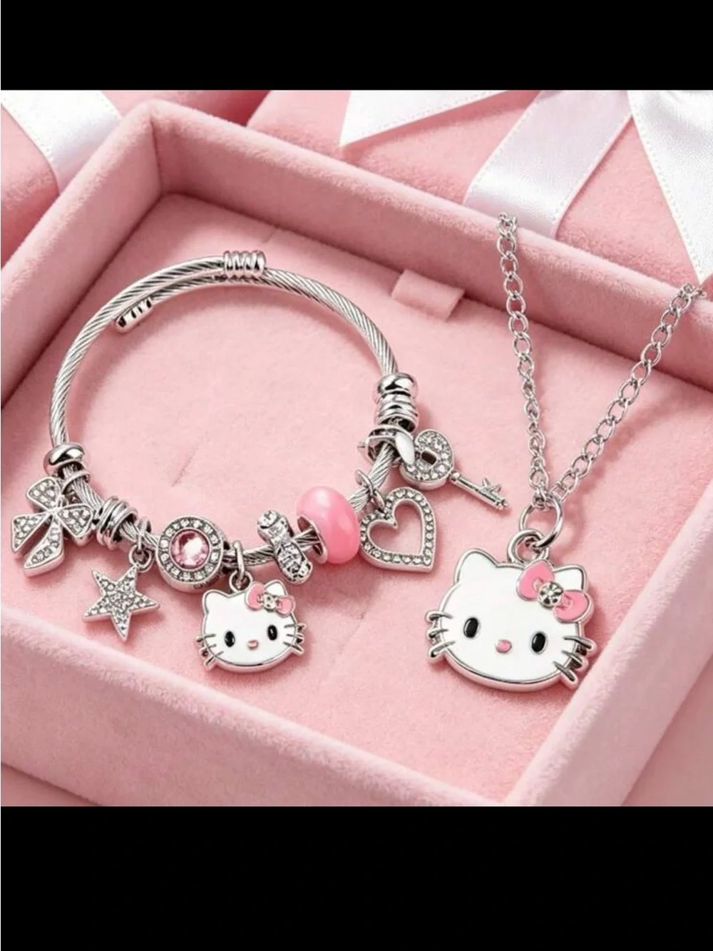 Hello Kitty Pink & Silver Charm Bracelet and Necklace Set